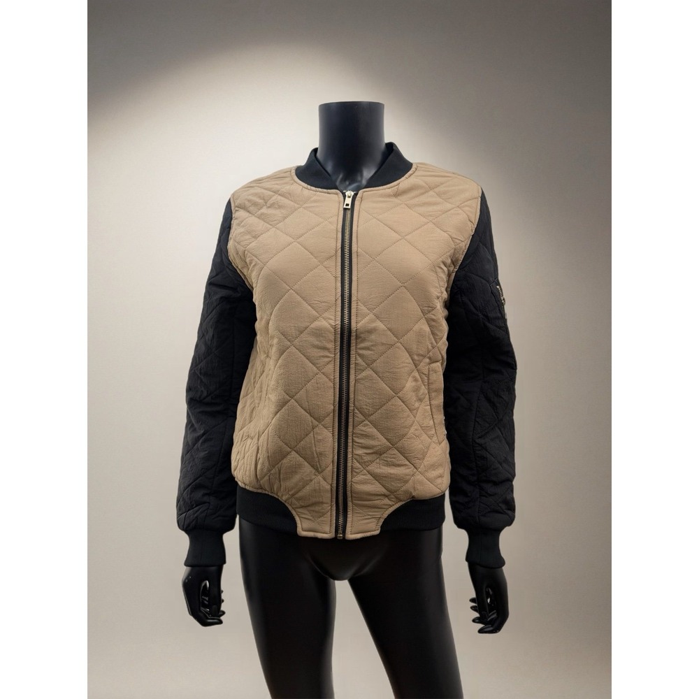 Active USA Quilted Bomber Jacket Beige Black Zip Up‎ Small Lightweight